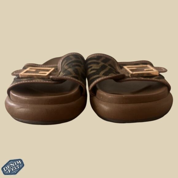 Fendi Brown Wide-Band Leather Zucca FF Logo Monogram Flat Slides | Size: 8 - Picture 8 of 16